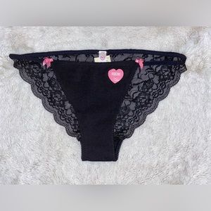VS PINK VINTAGE LACE BACK LOW RISE STRING BIKINI PANTY PANTIES BLACK HTF SMALL